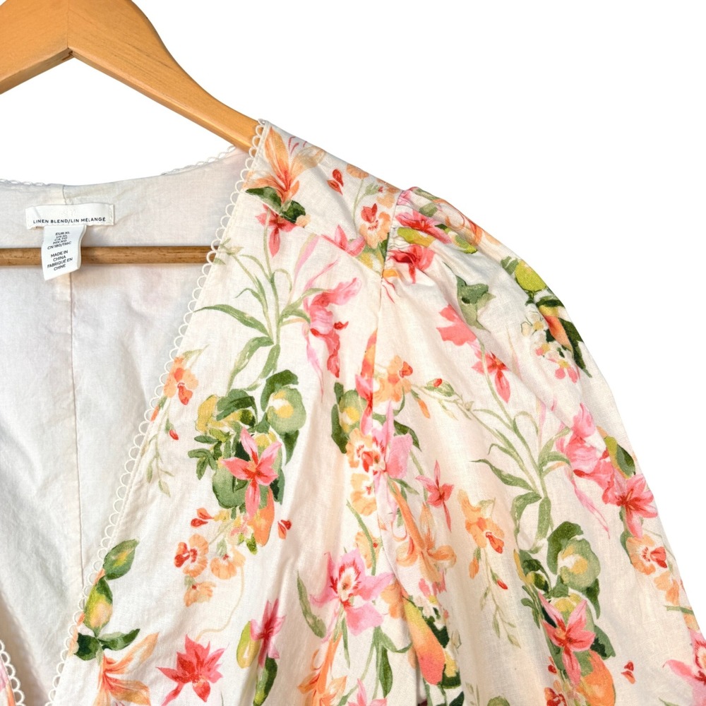 H&M Linen Blend Floral Citrus Puff Sleeve Button Front Mini Dress Cream XL - Picture 9 of 13
